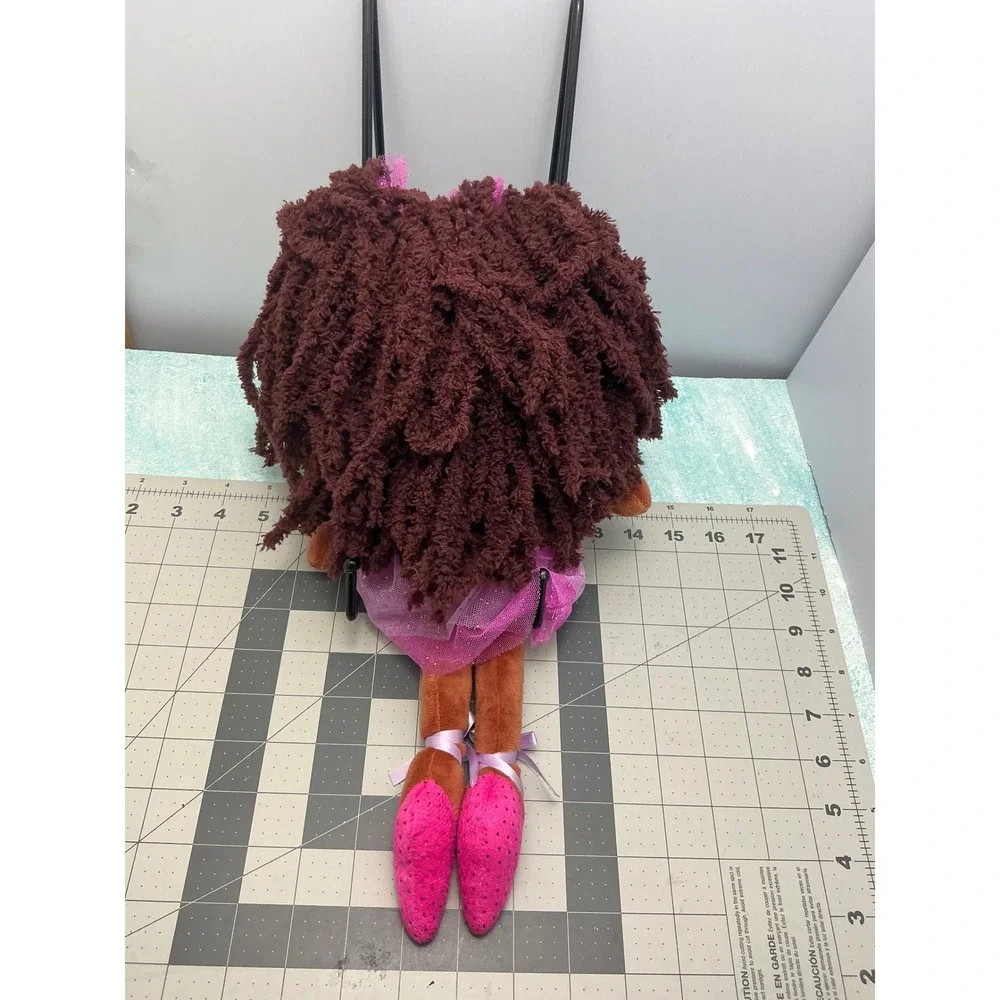 Plush Ballerina Doll Pink Purple Tutu Brown Yarn Hair Sequin Sparkle 17 Inch
